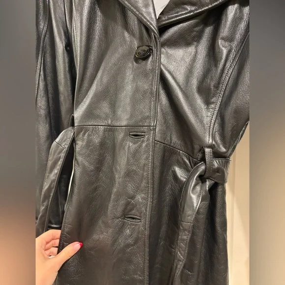 Long Leather Coat with Belt Size XL EUC Black - Picture 5 of 6